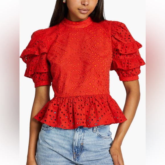 EUC River Island Red Eyelet Embroidered Open Back Blouse with Ruffles - Picture 2 of 7